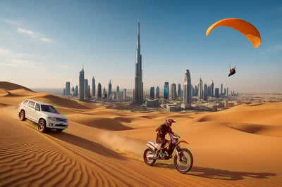 A panoramic view of Dubai featuring desert landscapes, city skyscrapers, and adventure activities.