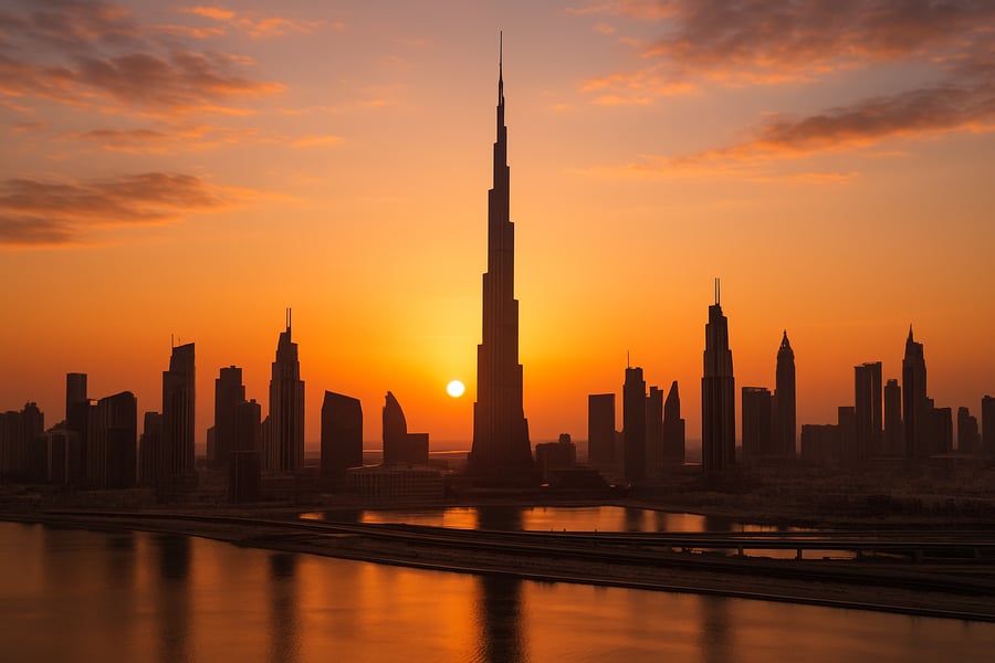 Dubai skyline at sunset with Burj Khalifa